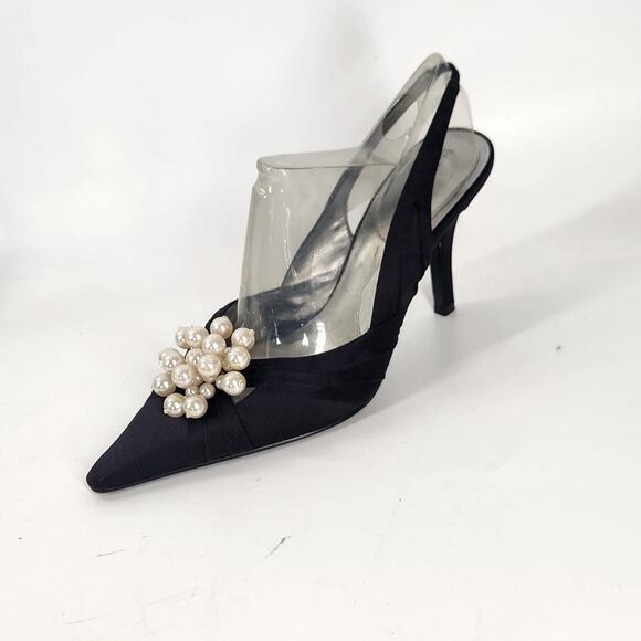 Enzo Angiolini Satin Sling Back Pointed Toe Pearl Pump Heels Womens 8.5M Black - Picture 3 of 10